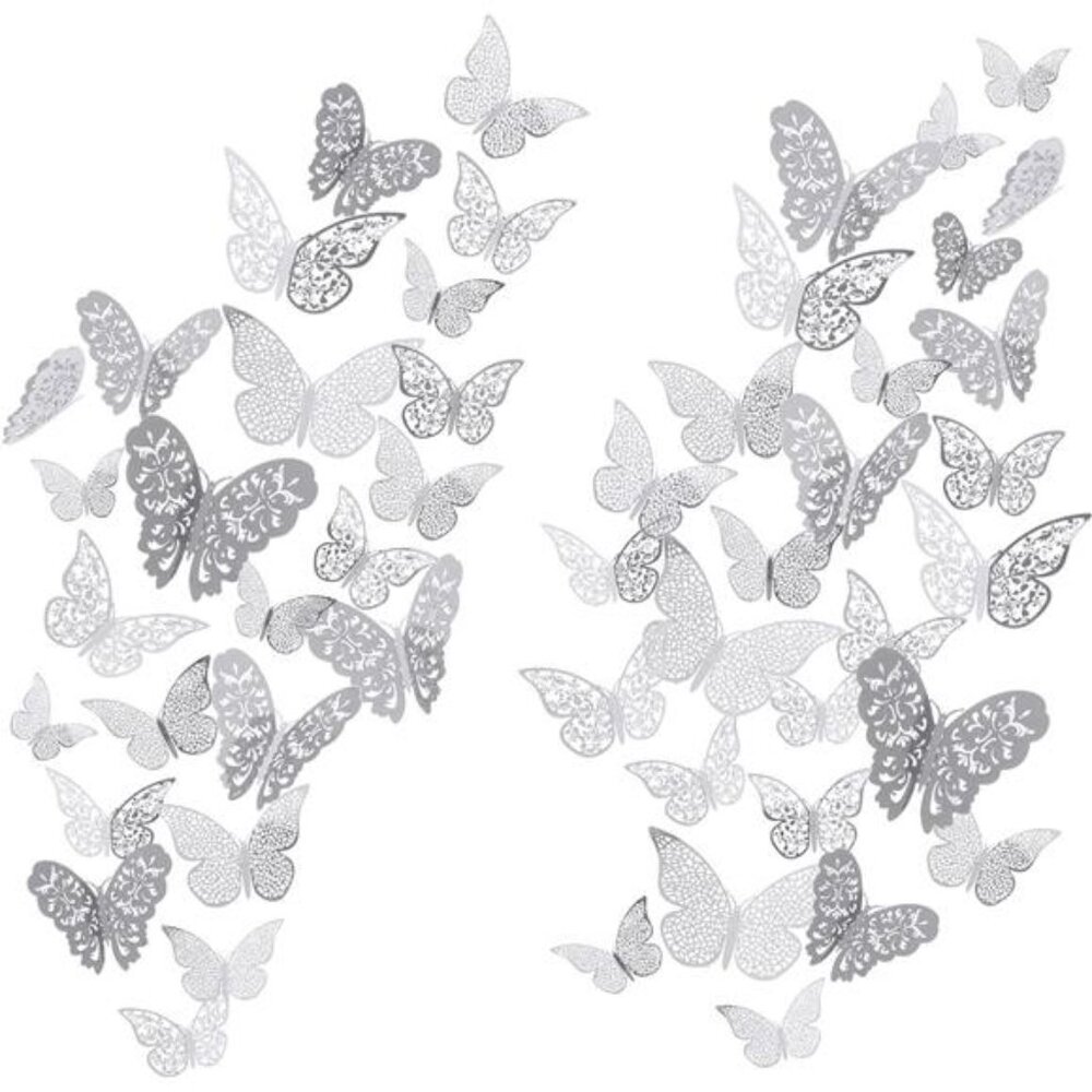 72 Pieces 3D Butterfly Wall Decals Sticker Wall Art Decorations Sticker Silver